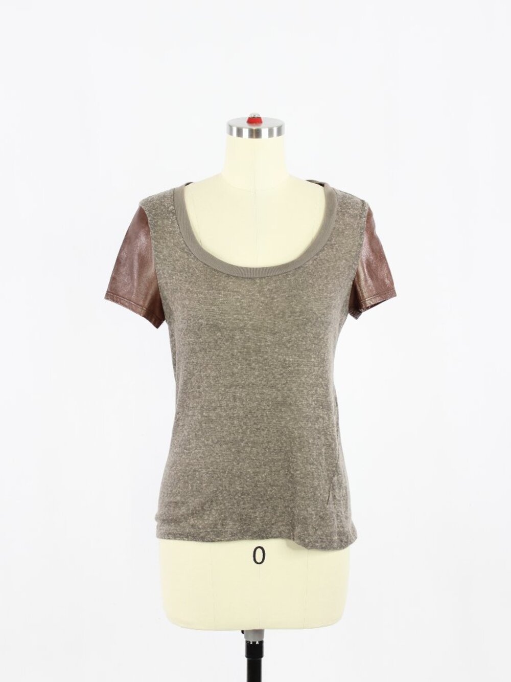 ELIZABETH & JAMES Taupe Wool Knit Brown Leather Sleeve T-Shirt Top, Size S